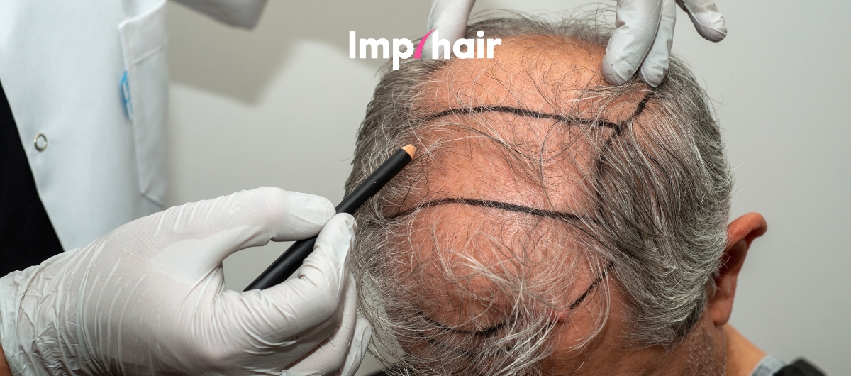 Imphair : Le docteur procède au traçage pour l'implant capillaire d'un homme.